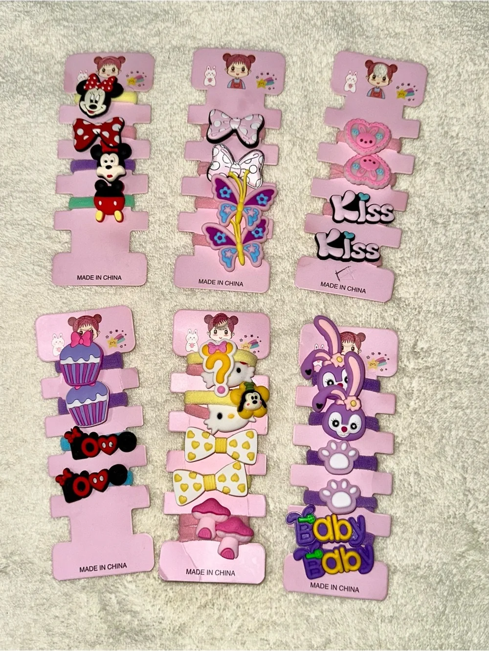 6 Pack Kawaii Cartoon Hair Ties Incomplete Lot Minnie Hello Kitty Y2K Craft